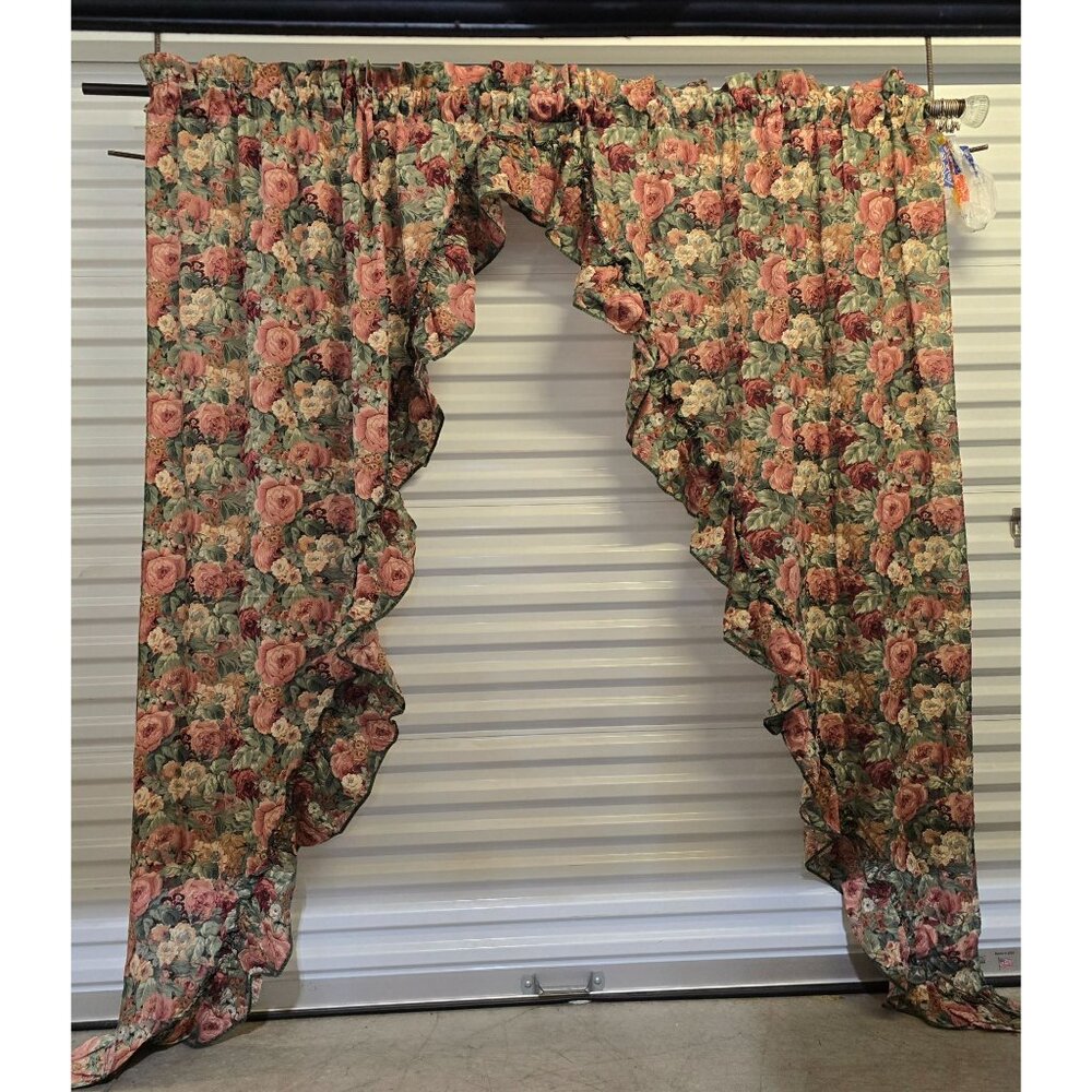 Vtg Priscilla Floral Curtain Swags Wide Ruffle French Country Seafoam Green USA
